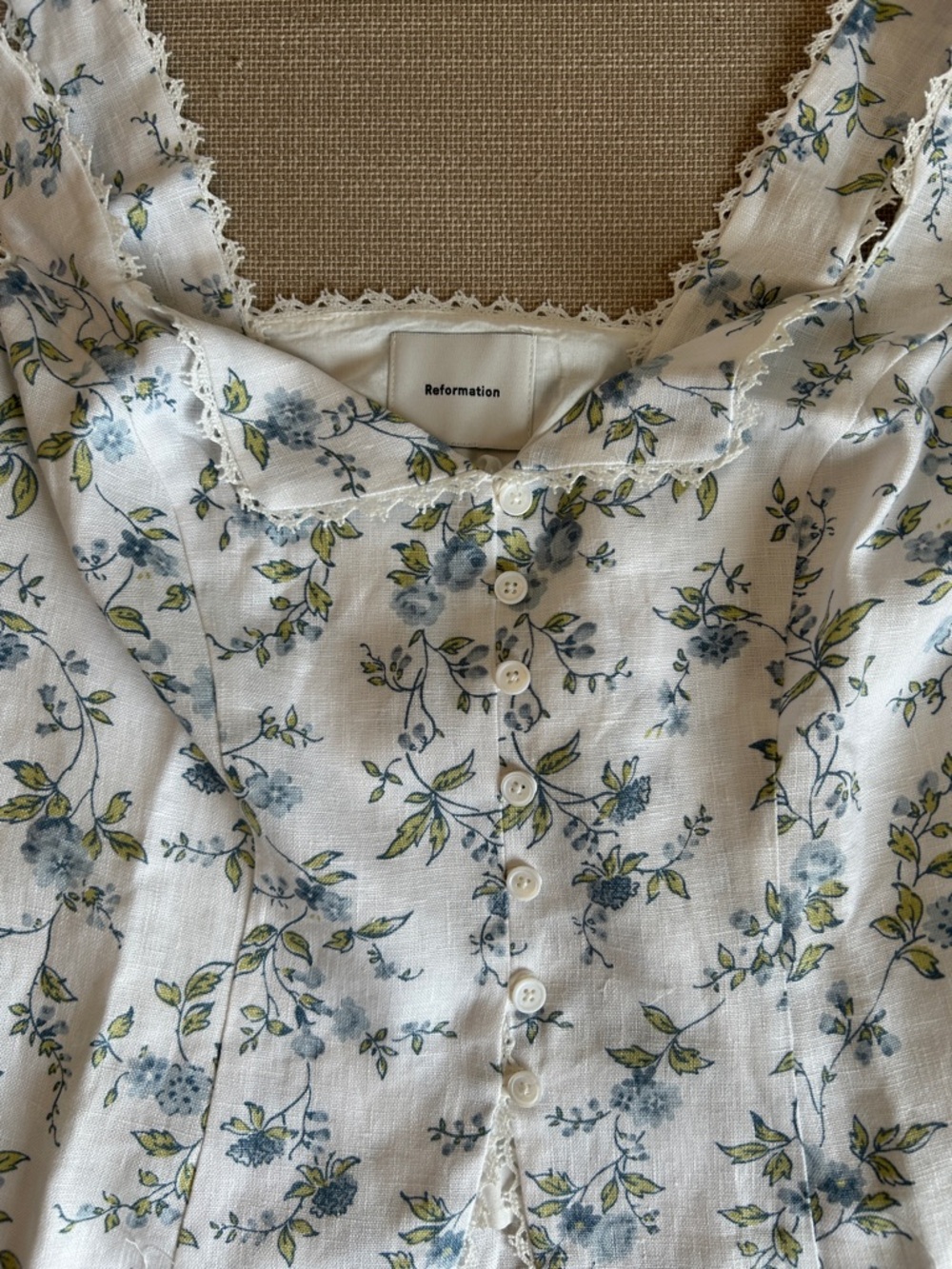 BEST Reformation Viola Linen Top Nostalgia Floral White Blue French Causal - Picture 7 of 11